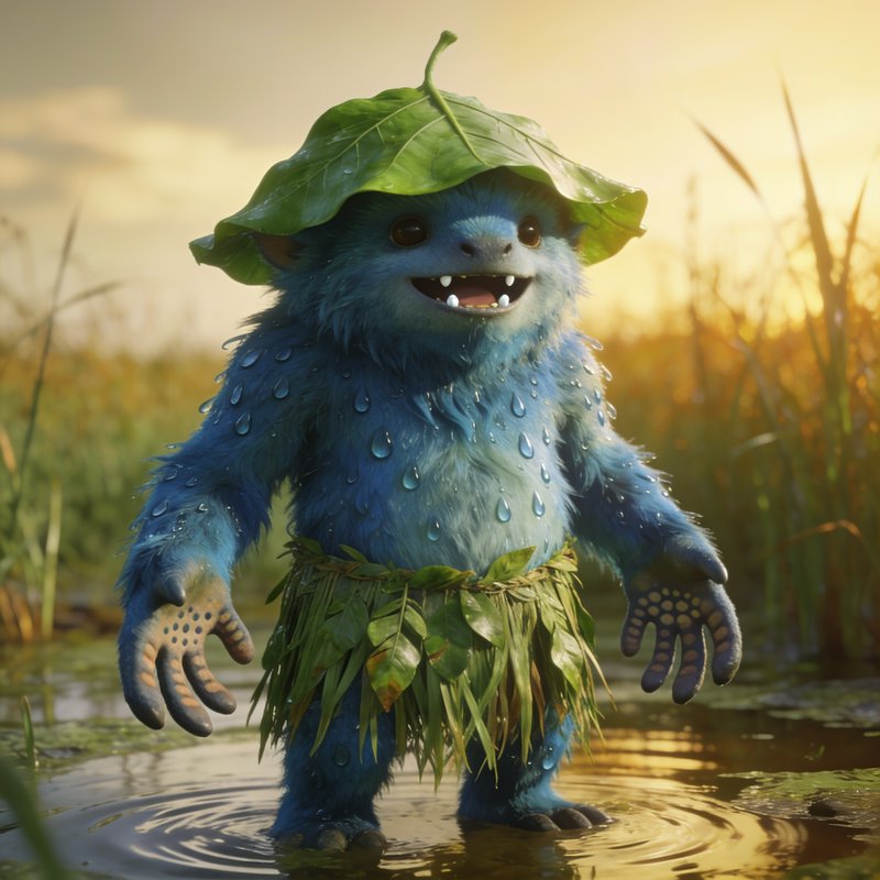Cute fluffy blue fantasy swamp creature wears a leaf hat standing in shallow marsh at golden sunset
