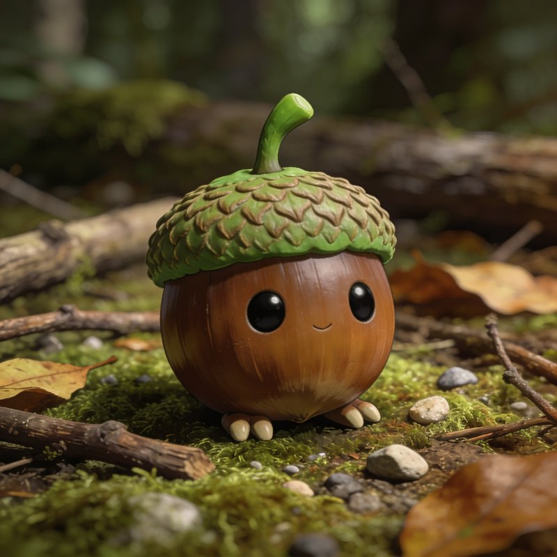 Cute anthropomorphic acorn character with big eyes sits on a mossy forest floor