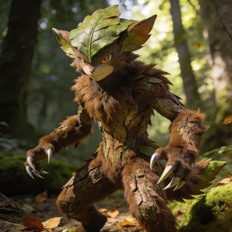Anthropomorphic forest guardian creature with leaf headpiece, bark skin and sharp claws stands in...