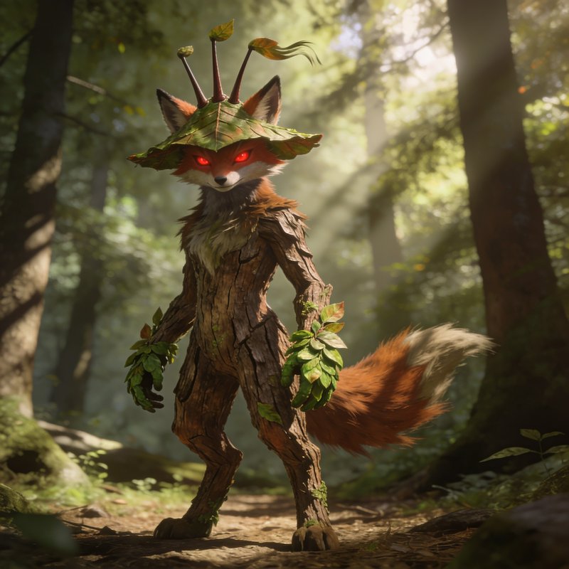 Anthropomorphic fox treant with glowing red eyes stands on a sunlit forest path