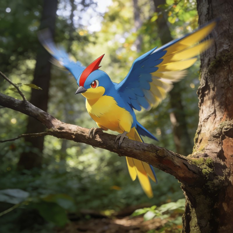 Colorful blue and yellow red-crested fictional bird pokemon flapping wings while perched on a sunlit forest branch