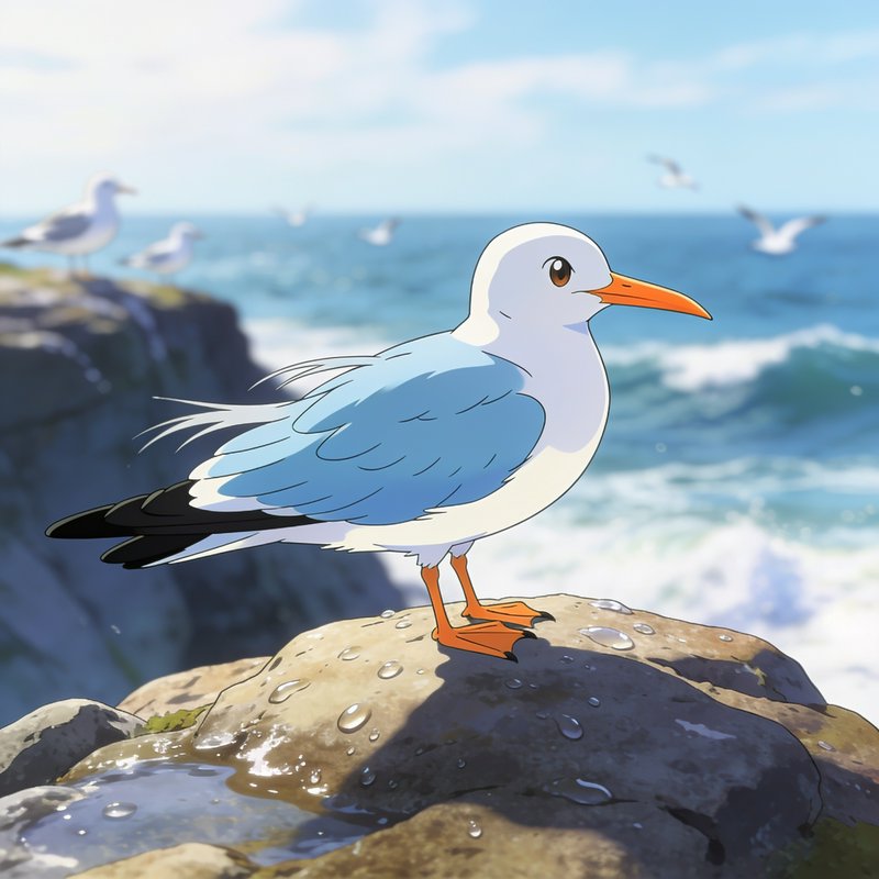 Cute anime style seagull standing on a wet coastal rock overlooking crashing ocean waves