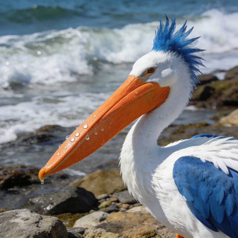 Close-up of a blue crested pelican with an orange beak standing on a rocky ocean shore