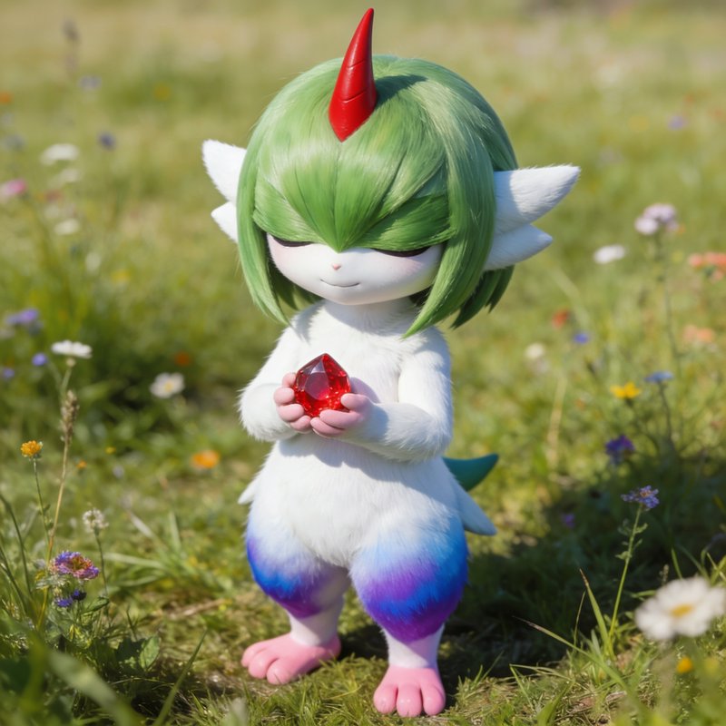 Fluffy horned fantasy creature holding a red gem stands in a sunlit wildflower meadow