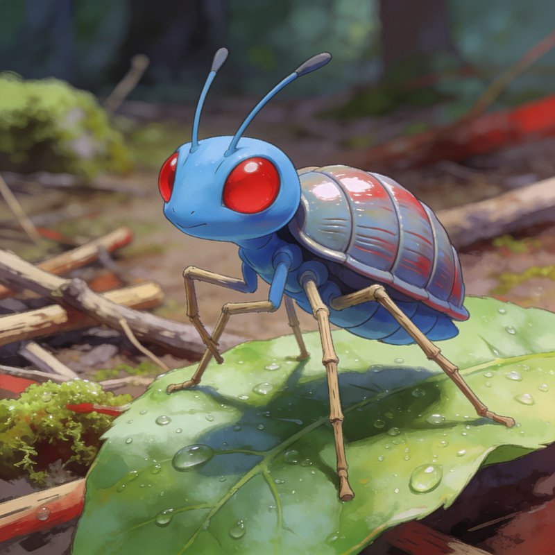 Whimsical blue fantasy insect with large red eyes perched on a dewy green forest leaf
