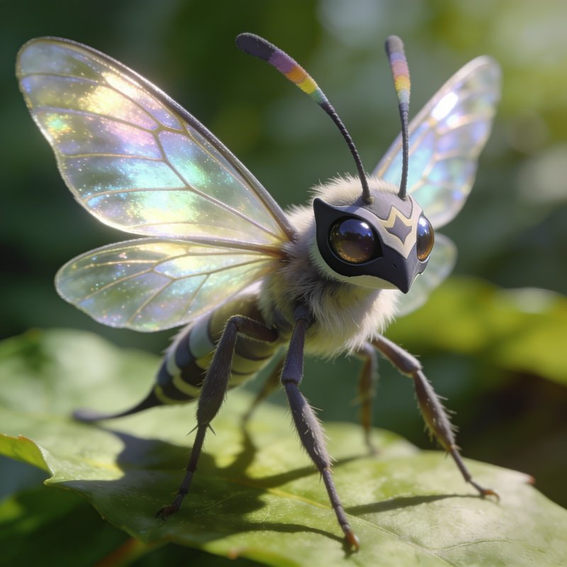 Whimsical fantasy fuzzy bug with iridescent wings perched on a sunlit green leaf