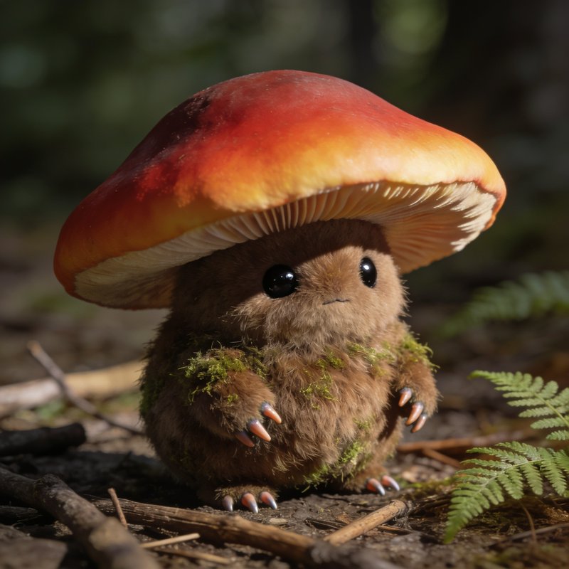 Cute fluffy mushroom forest creature with a gradient red-orange cap sitting on a sunlit woodland ...