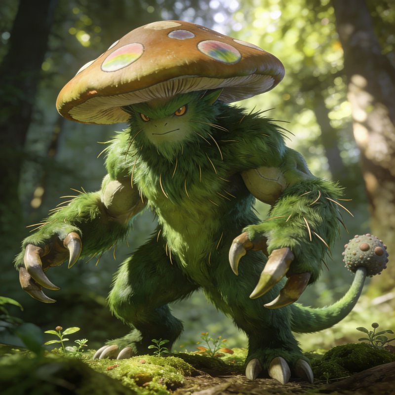 Anthropomorphic furry green mushroom monster standing guard on a sunlit mossy forest floor