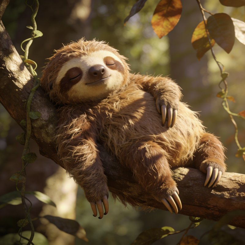 Contented three-toed sloth naps peacefully on a sunlit rainforest tree branch