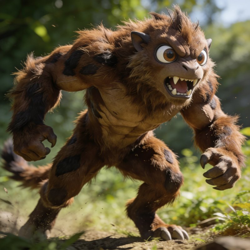 Aggressive stylized furry brown monster crouches to charge in a sunlit forest clearing
