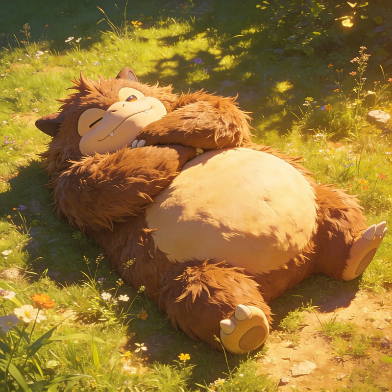 Chubby fluffy brown furry monster lounging happily on its back in a sunlit wildflower meadow