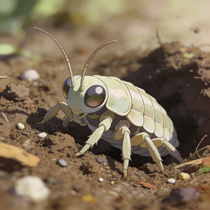 Pale big-eyed segmented insect emerging from a sunlit dirt burrow