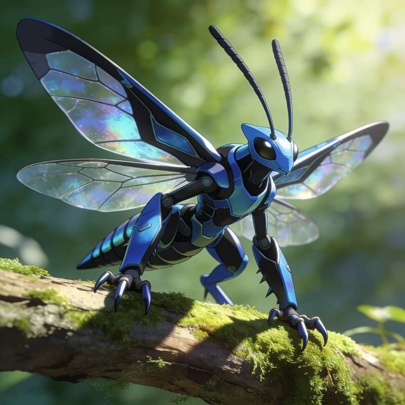 Blue armored robotic winged insect perched alert on a sunlit mossy forest branch