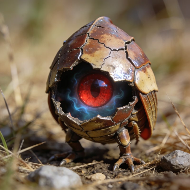 Tiny armored fantasy creature with a glowing red eye standing on a sunlit forest floor