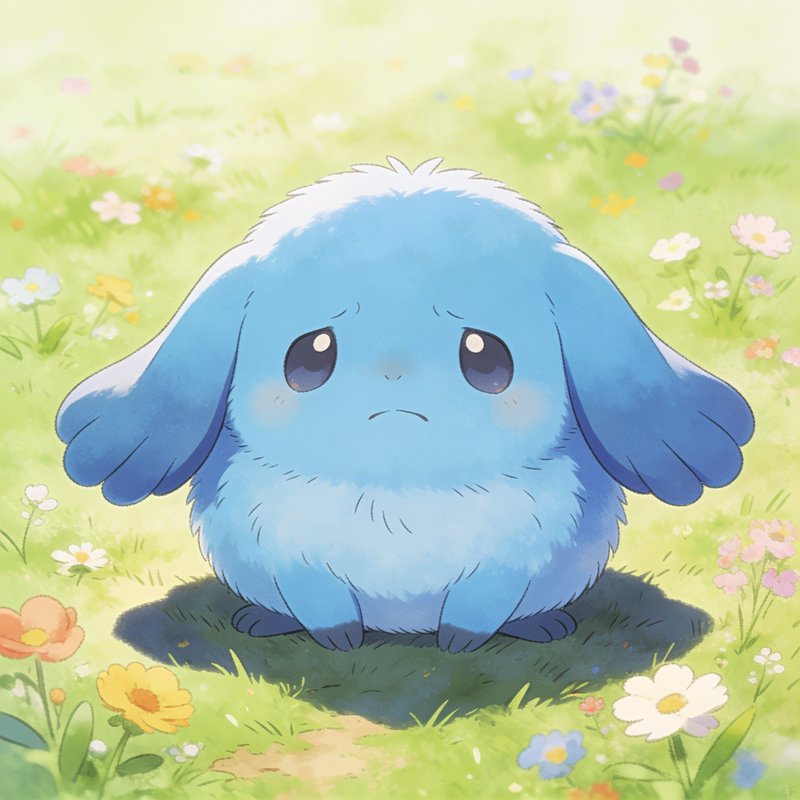 Sad fluffy blue lop-eared fantasy creature sits in a sunlit wildflower meadow