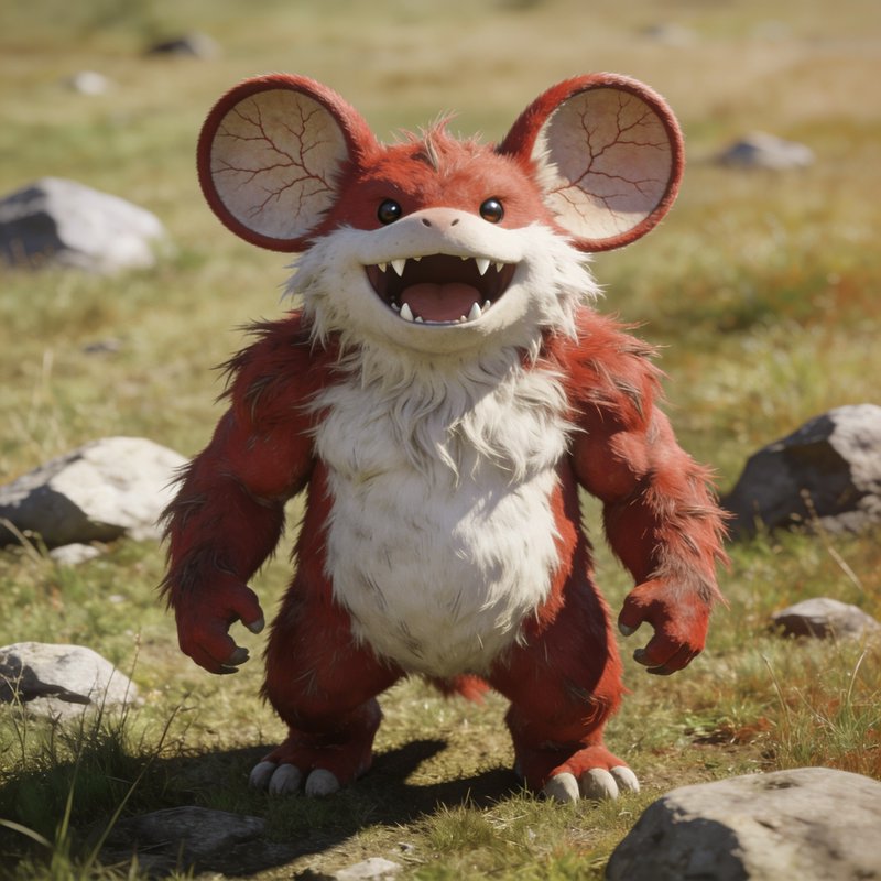 Fluffy red fantasy rodent monster grins while standing in a sunlit rocky grass meadow