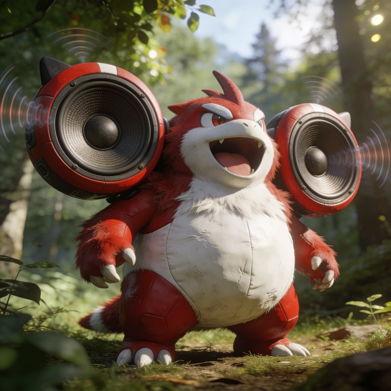 Red and white furry fantasy creature with shoulder mounted speakers stands in a sunlit forest cle...