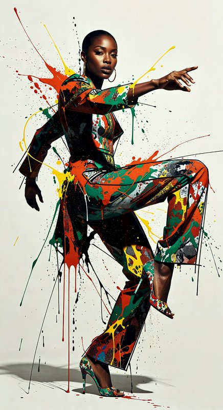 Female model in a multi-color paint-splattered jumpsuit striking a dynamic pose.