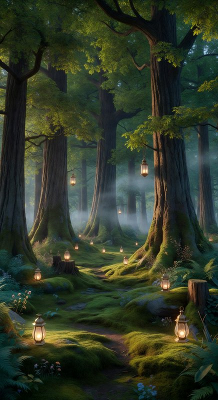 Enchanted forest path lit by hanging and ground lanterns among mossy trees