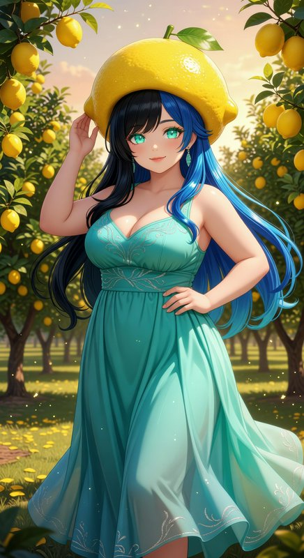 Anime-style girl with a giant lemon hat in a sunlit lemon orchard.
