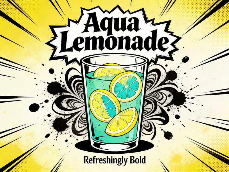 Comic-style illustration of a glass of aqua lemonade with lemon slices on a bold splash background.