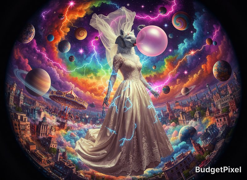 Surreal cosmic scene with a rabbit-headed woman in a wedding gown amid planets, nebulae, and neon...