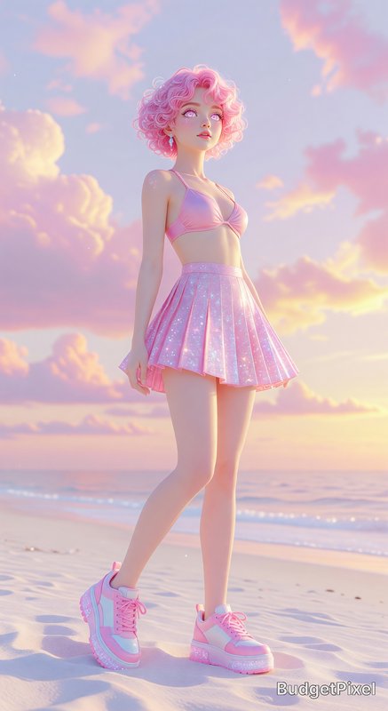 Stylized pink-haired figure in pastel bikini top and glitter skirt on a sunset beach.