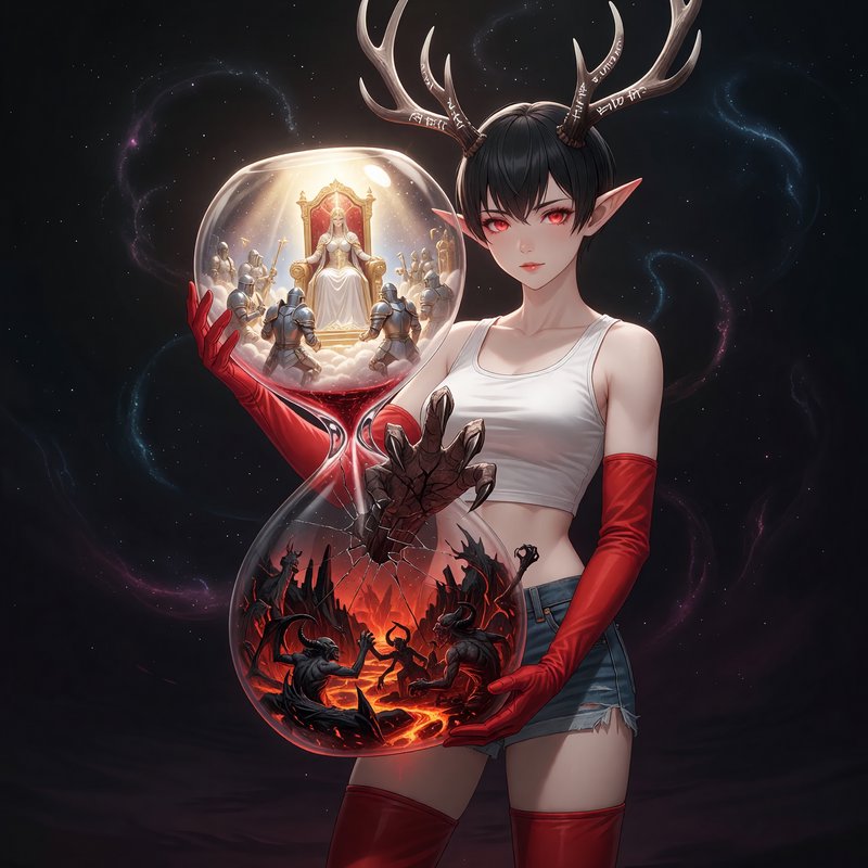 Elven demon girl with antlers holding two glass spheres, one with a throne and knights, the other...