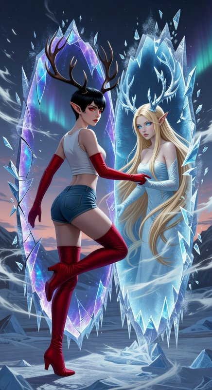 Fantasy scene with two elf-like women in crystal portals, one dark-haired with antlers, red glove...