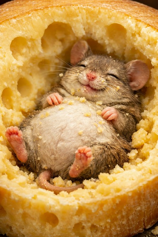 Smiling baby mouse resting inside a hollow bread roll with crumbly crust