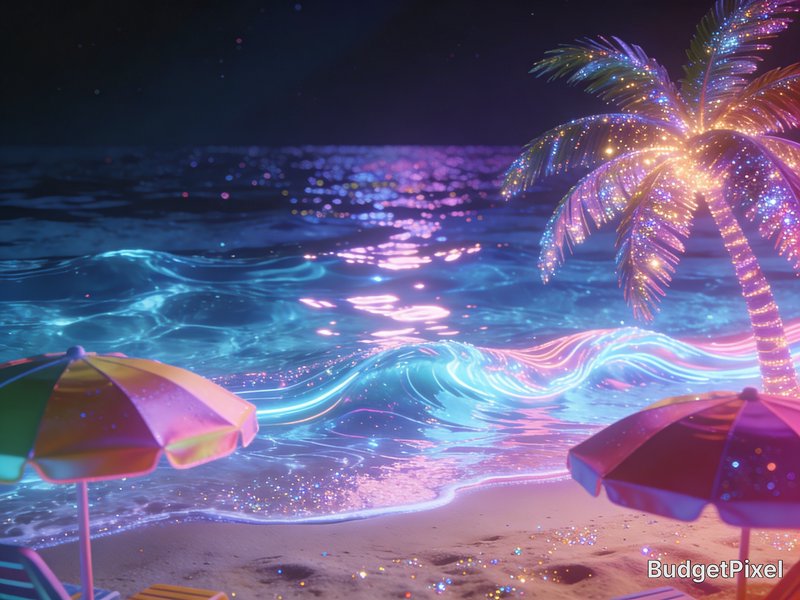 Neon-lit tropical beach at night with glittering palm trees, colorful umbrellas, and glowing waves.
