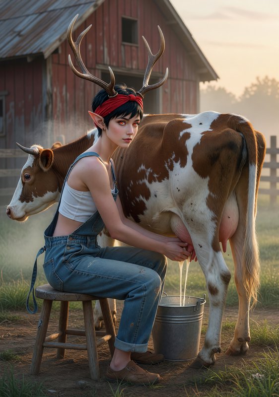Woman with deer antlers and elf ears milking a cow beside a rustic barn.