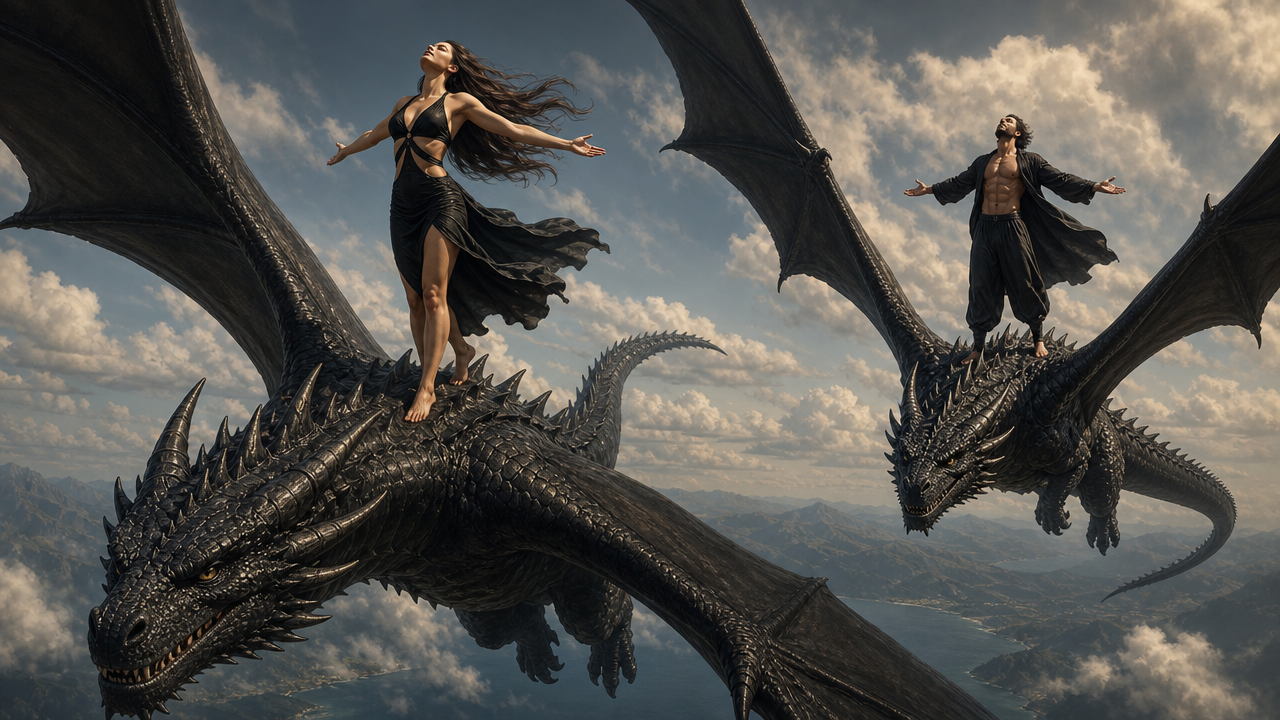 Two riders on a large black dragon soar above clouds with outstretched arms.