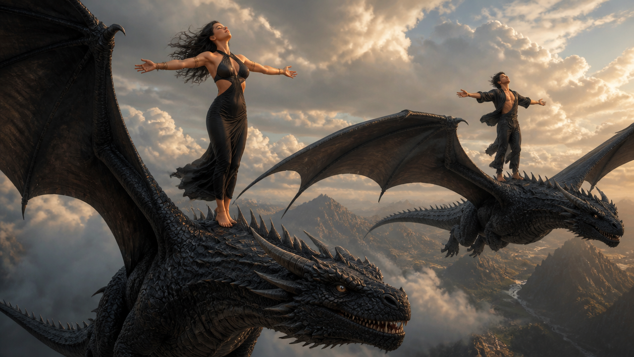 Two riders in dark outfits stand on black dragons soaring above rugged mountains.