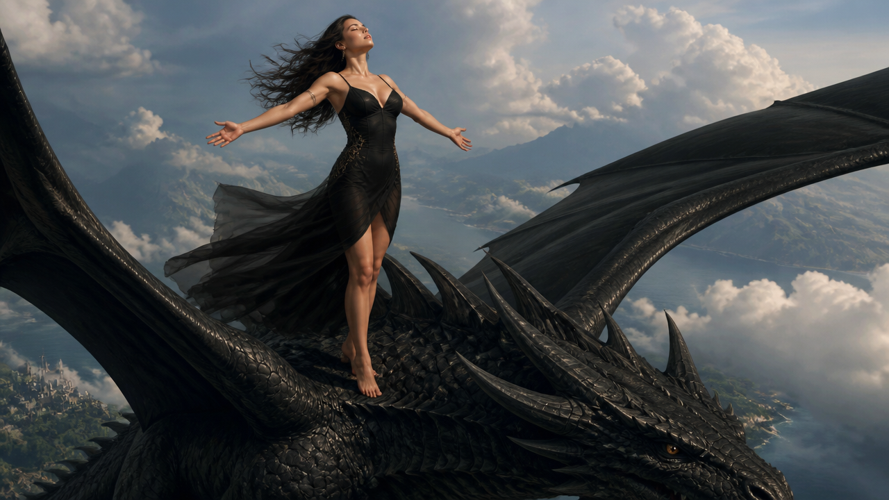 Woman in a black dress stands on a massive black dragon soaring above clouds.