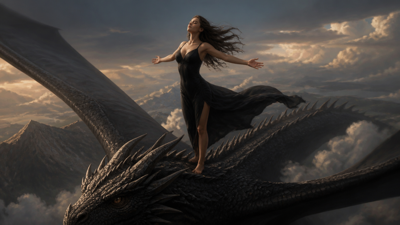 Woman in a flowing black dress stands barefoot on a colossal dragon mid-flight above clouds.
