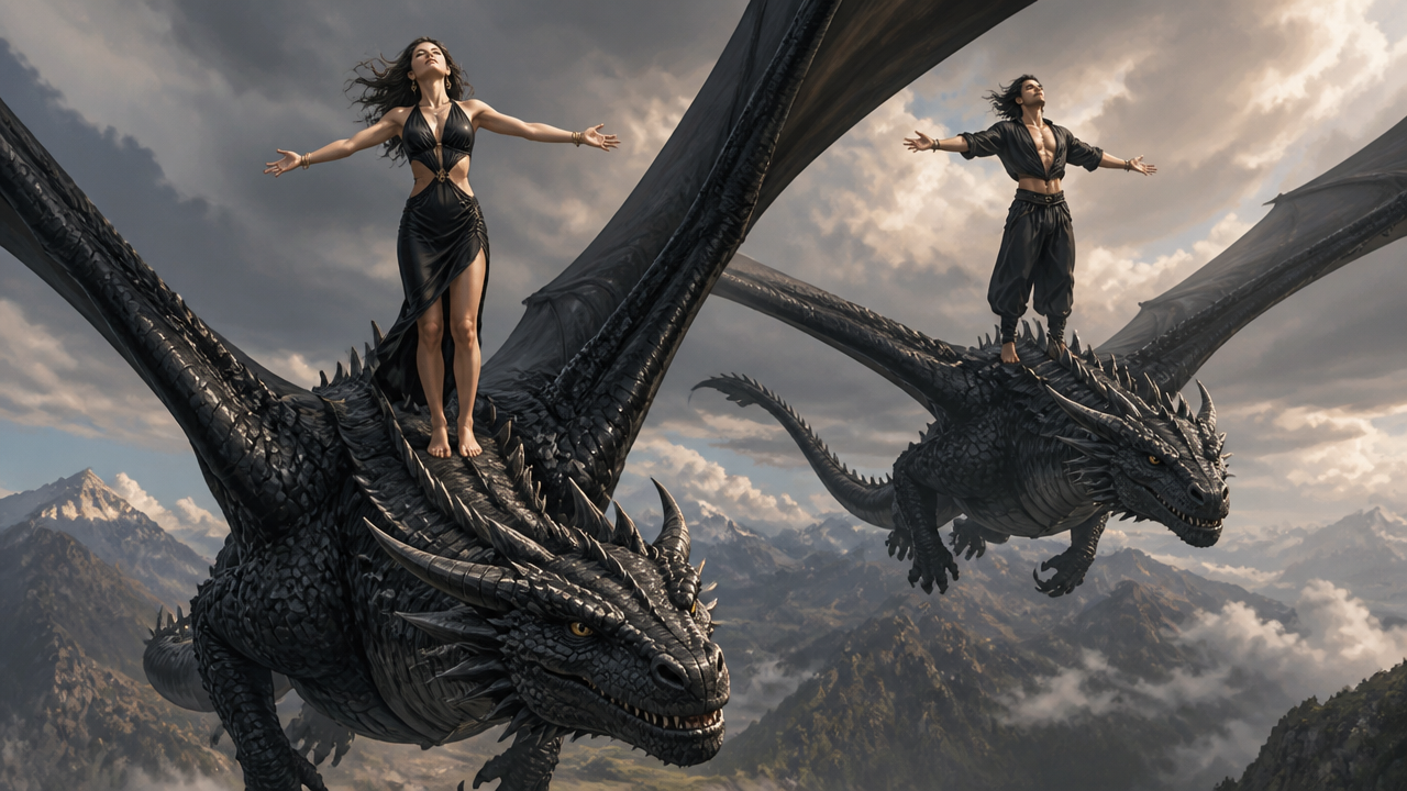 Two black dragons fly over jagged mountains with armored riders standing on their backs.