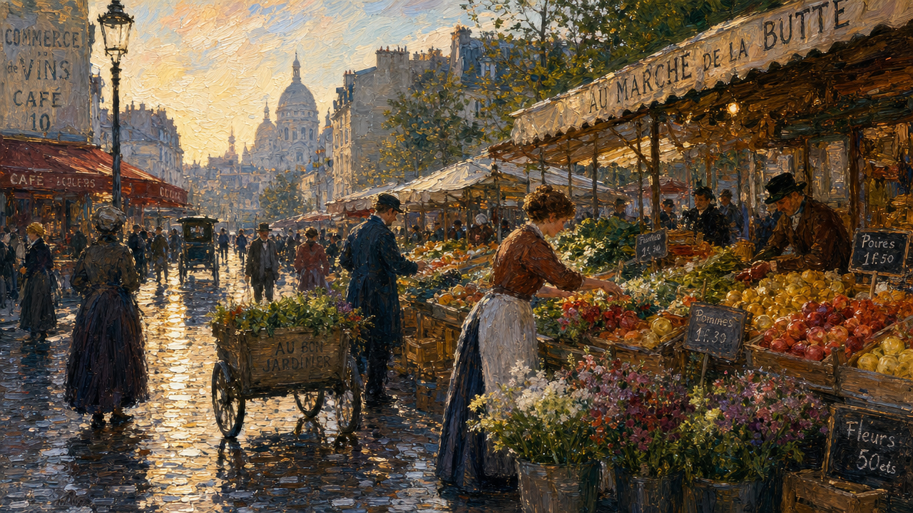 Impressionist street market scene with vendors, flowers and shoppers along a sunlit Parisian cobblestone street.