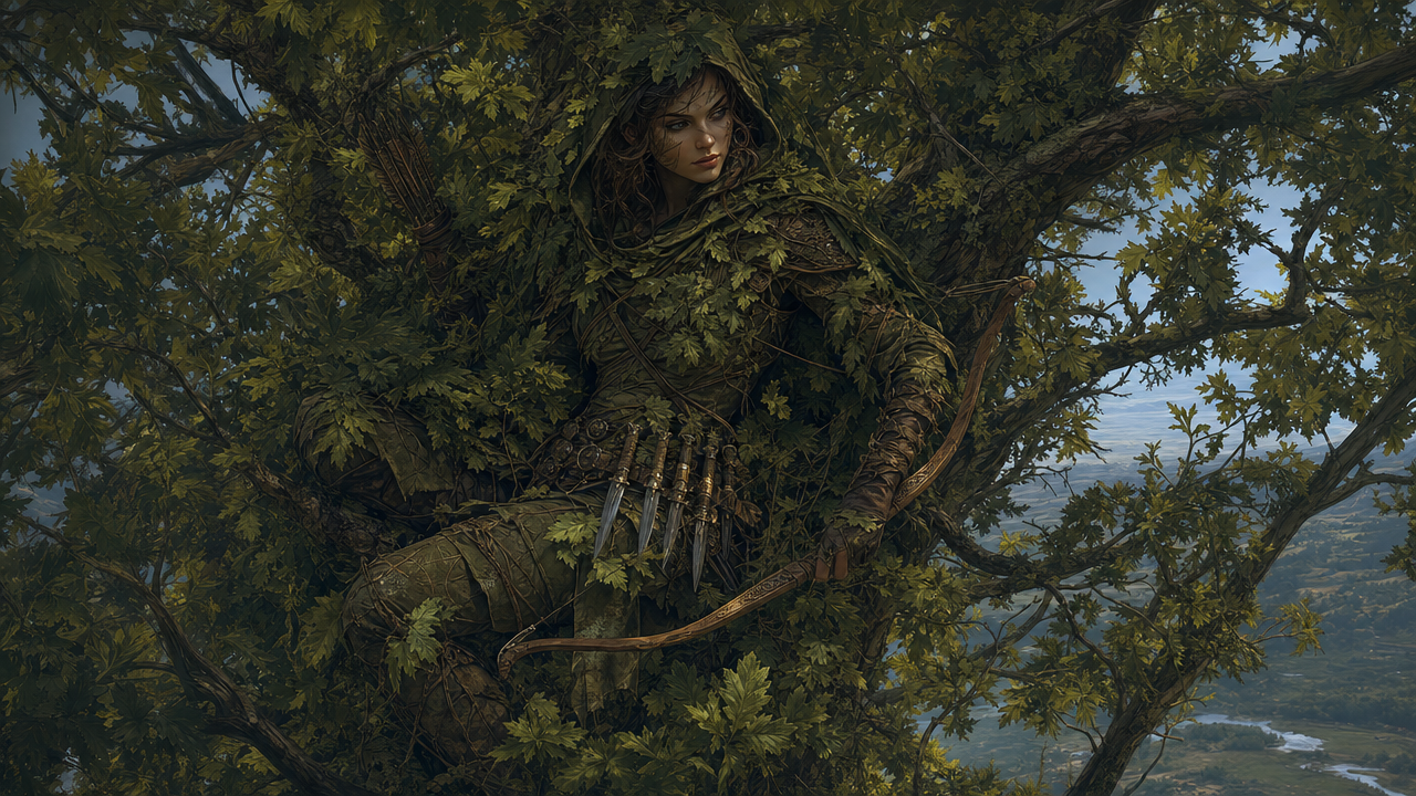 Woman in full leafy camouflage perched in a tree with a bow and quiver among branches.