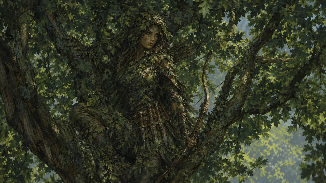 Forest dryad perched in a leafy tree, camouflaged with vines and leaves, holding a bow.