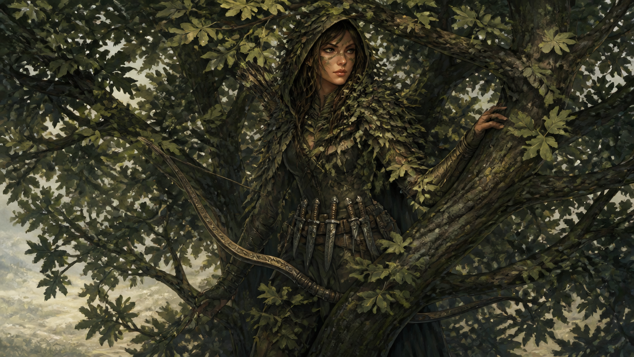 Woman in a leafy cloak perched in a tree with a curved bow.