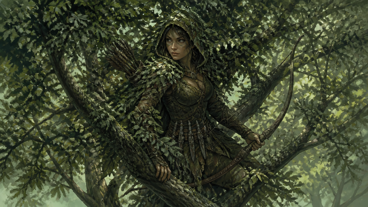 Forest archer in leaf armor perched on a tree branch with a bow, surrounded by dense green foliage.