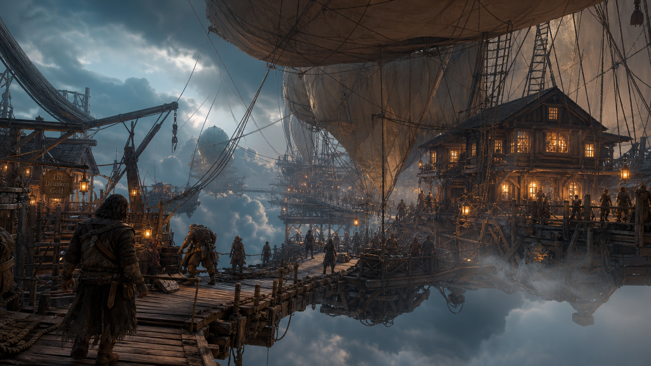 Fantasy steampunk airship dock with lantern-lit wooden walkways on a floating city.