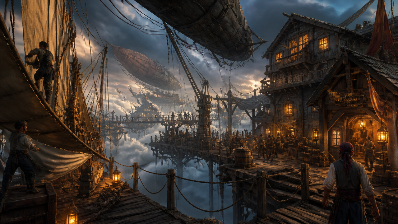 A sprawling fantasy harbor with wooden docks, glowing lanterns, airships overhead, and pirates/crewman at a bustling quay.