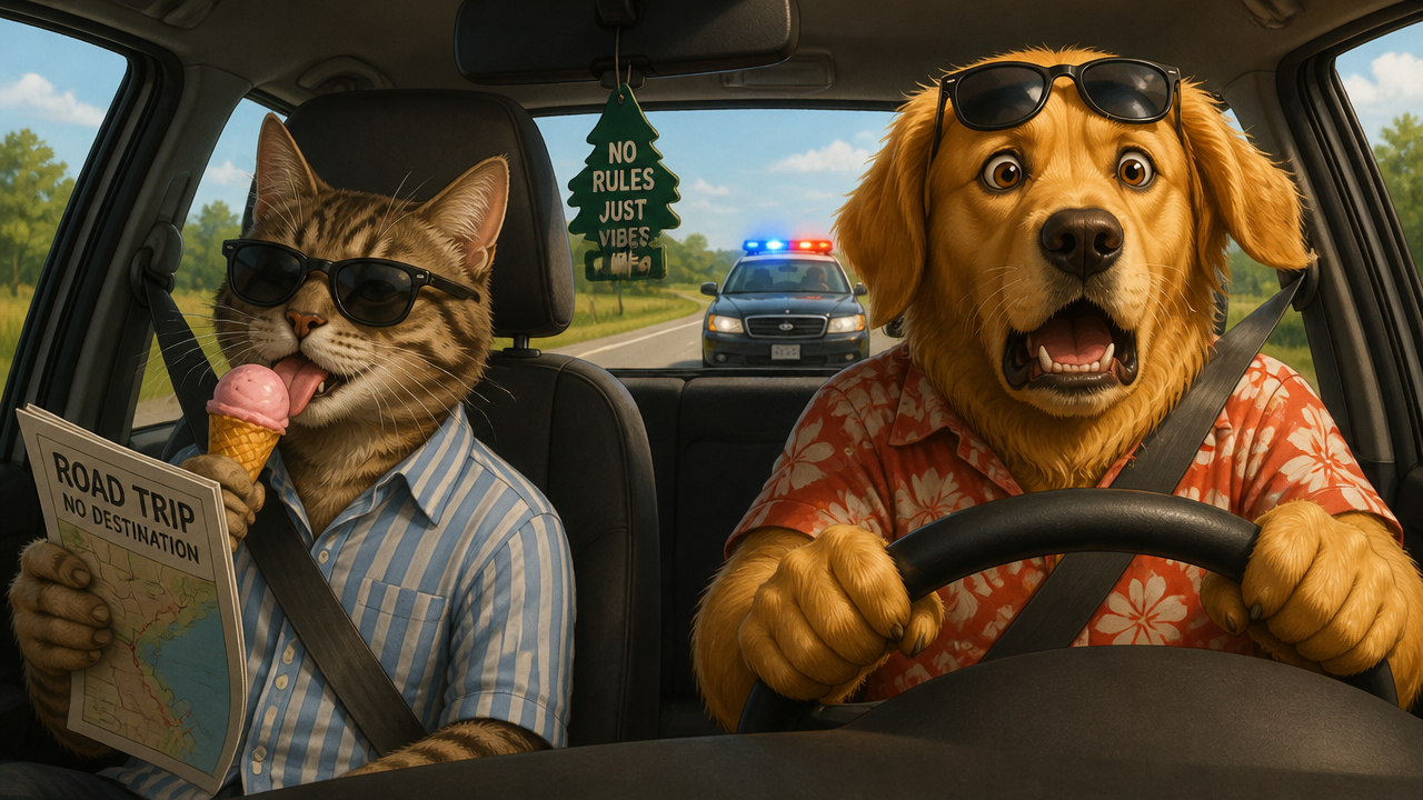 Cat and dog on a road trip in a car; cat wears sunglasses and reads a map while the dog drives.