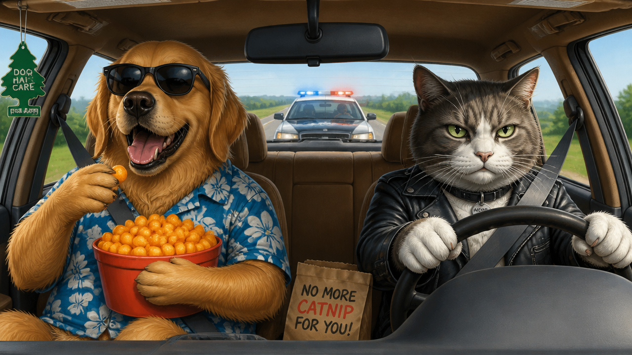 Dog in sunglasses and a Hawaiian shirt sharing cheese balls in the passenger seat beside a cat driving.