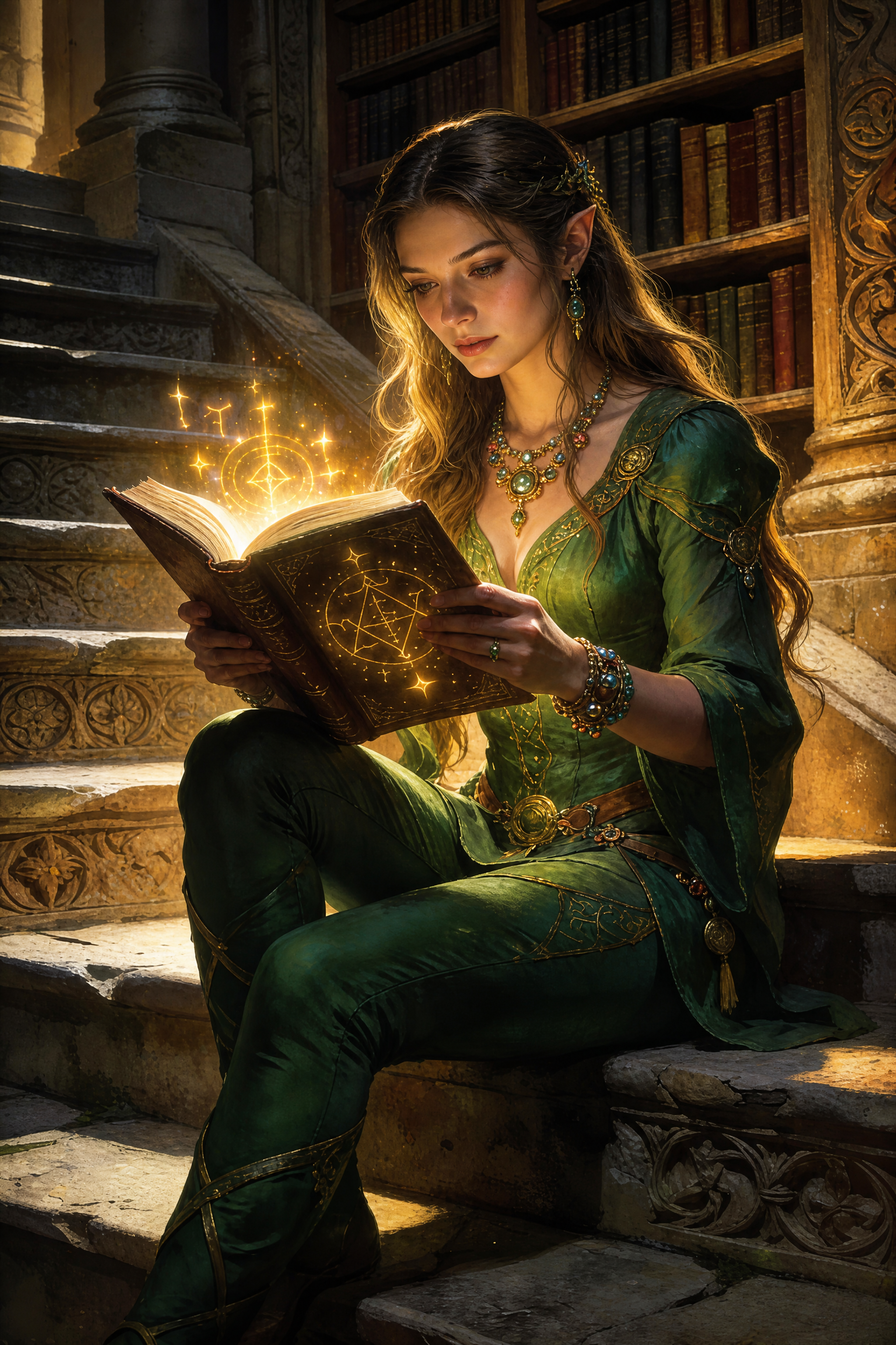 Young woman in a green medieval-inspired outfit reads a glowing magical book on stone stairs.