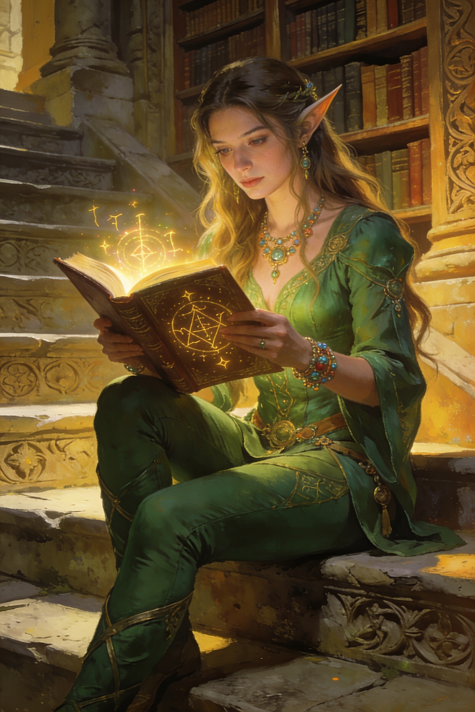 Elven woman in green robes reads a glowing magical book on stone stairs in a library.