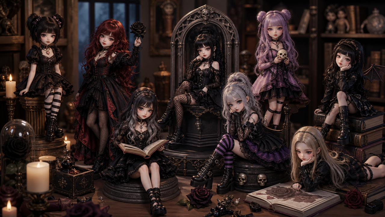 Group of gothic lolita dolls in a dark library setting with candles, books, and skull motifs.