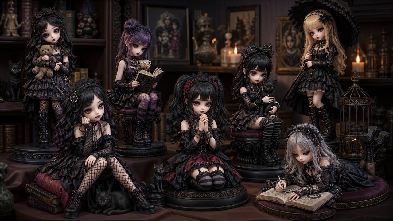 Group of gothic ball-jointed dolls in black lace outfits posed in a vintage library with candlelight.